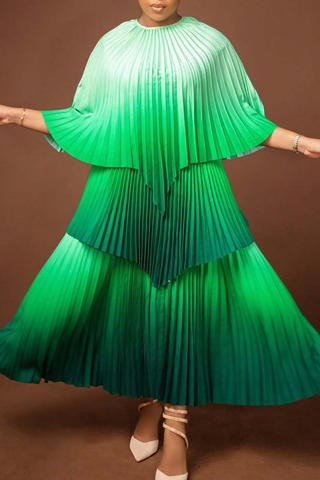 Green Elegant Gradient Irregular Pleated O Neck Three Quarter Two Pieces
