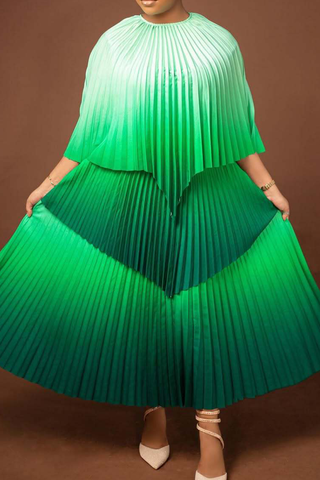 Green Elegant Gradient Irregular Pleated O Neck Three Quarter Two Pieces