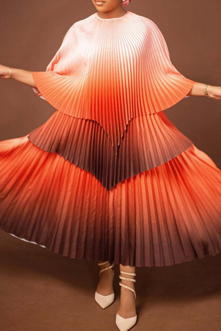 Green Elegant Gradient Irregular Pleated O Neck Three Quarter Two Pieces