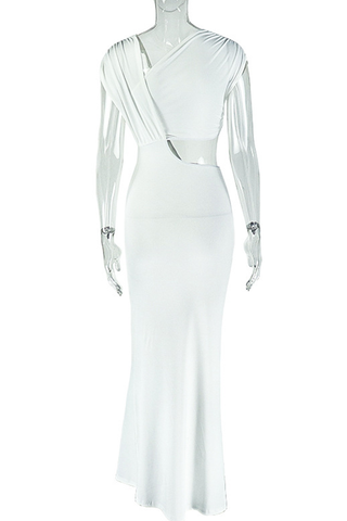 White Elegant Solid Color Hollow Out Asymmetrical Collar Long Dresses