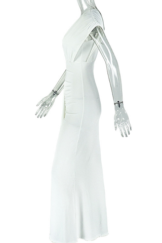 White Elegant Solid Color Hollow Out Asymmetrical Collar Long Dresses