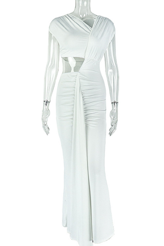 White Elegant Solid Color Hollow Out Asymmetrical Collar Long Dresses