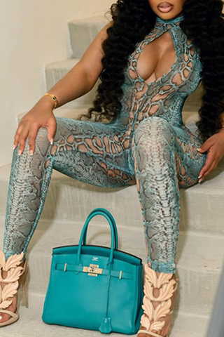 Blue Sexy Print Hollow Out O Neck Skinny Jumpsuits