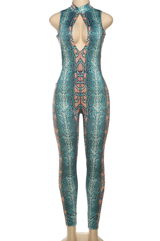 Blue Sexy Print Hollow Out O Neck Skinny Jumpsuits