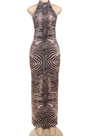 Black Sexy Zebra Print Backless O Neck Long Dresses