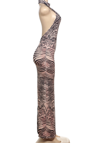 Black Sexy Zebra Print Backless O Neck Long Dresses