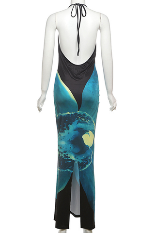 Green Sexy Print Hollow Out Slit Halter Long Dresses