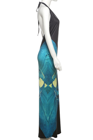 Green Sexy Print Hollow Out Slit Halter Long Dresses
