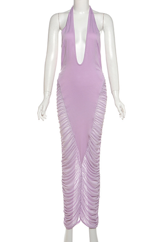 Purple Sexy Solid Color See-Through Backless Ruched Halter Long Dresses