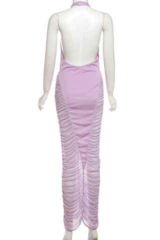 Purple Sexy Solid Color See-Through Backless Ruched Halter Long Dresses