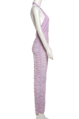Purple Sexy Solid Color See-Through Backless Ruched Halter Long Dresses
