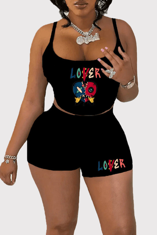 Black Sexy Print Patchwork Spaghetti Strap Sleeveless Two Pieces