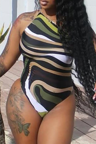 Green Sexy Print Patchwork Spaghetti Strap Skinny Bodysuits