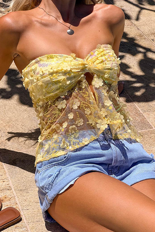 Yellow Sexy Solid Color Lace Sequins Strapless Tops