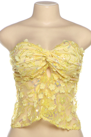 Yellow Sexy Solid Color Lace Sequins Strapless Tops