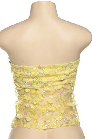 Yellow Sexy Solid Color Lace Sequins Strapless Tops