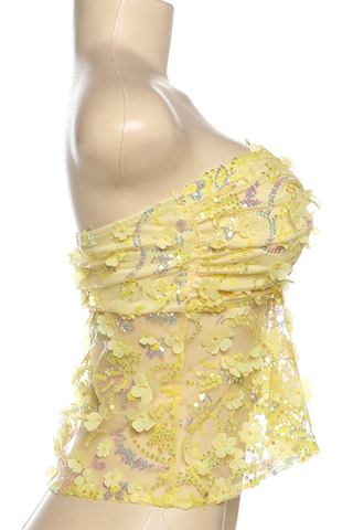 Yellow Sexy Solid Color Lace Sequins Strapless Tops