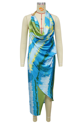 Blue Sexy Tie Dye Backless Halter Irregular Dresses