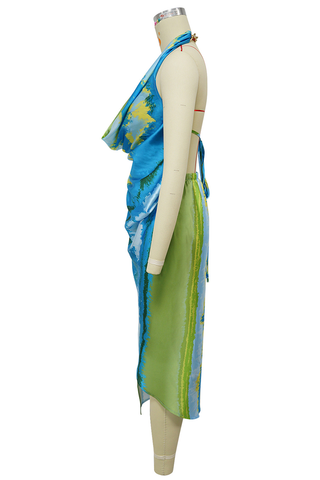 Blue Sexy Tie Dye Backless Halter Irregular Dresses