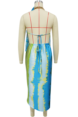 Blue Sexy Tie Dye Backless Halter Irregular Dresses