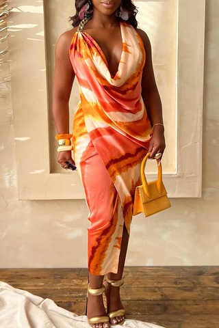 Blue Sexy Tie Dye Backless Halter Irregular Dresses