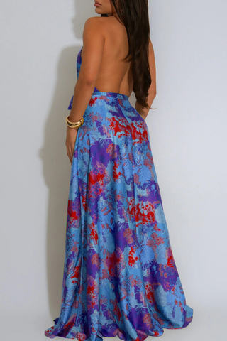 Green Elegant Print Backless Strap Design Halter Long Dresses