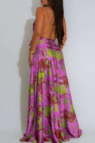 Green Elegant Print Backless Strap Design Halter Long Dresses
