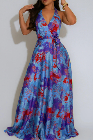 Blue Elegant Print Backless Strap Design Halter Long Dresses