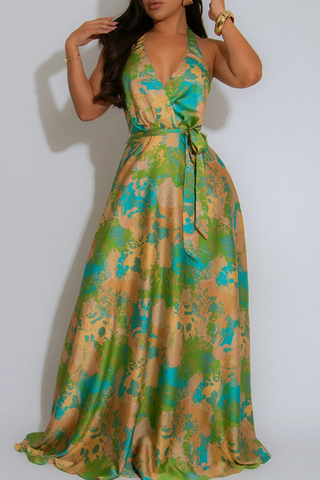 Blue Elegant Print Backless Strap Design Halter Long Dresses