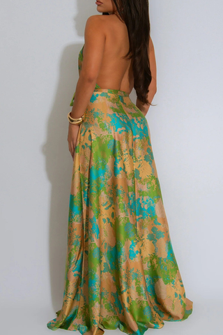 Blue Elegant Print Backless Strap Design Halter Long Dresses