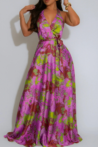 Blue Elegant Print Backless Strap Design Halter Long Dresses