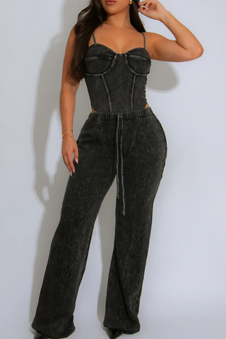 Black Casual Solid Color Draw String Spaghetti Strap Sleeveless Two Pieces