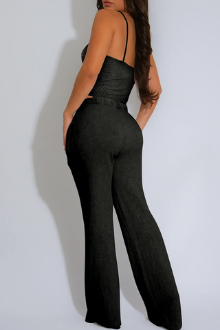 Black Casual Solid Color Draw String Spaghetti Strap Sleeveless Two Pieces