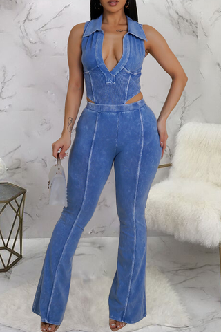 Black Casual Solid Color Patchwork Turndown Collar Sleeveless Two Pieces