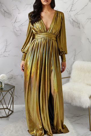 Gold Prom Solid Color High Slit Deep V Neck Evening Dresses