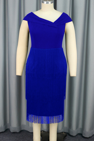 Blue Elegant Solid Color Fringed Trim Asymmetrical Collar Long Dresses