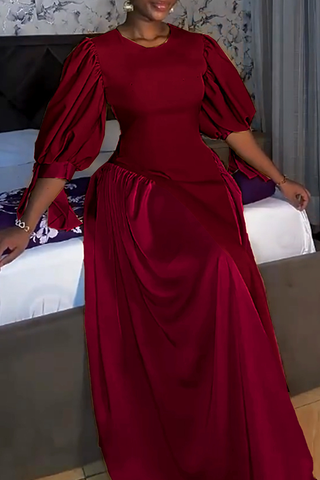 Burgundy Elegant Solid Color Strap Design O Neck Long Dresses