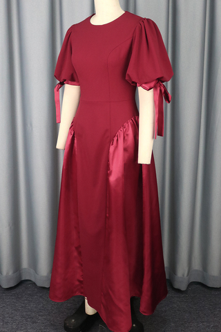Burgundy Elegant Solid Color Strap Design O Neck Long Dresses