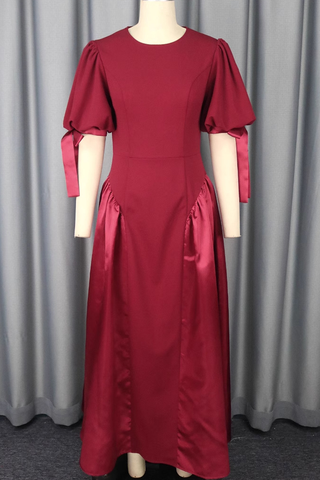 Burgundy Elegant Solid Color Strap Design O Neck Long Dresses