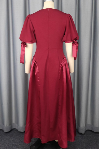 Burgundy Elegant Solid Color Strap Design O Neck Long Dresses