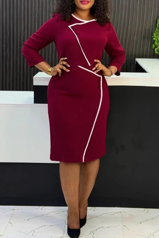 Burgundy Elegant Buttons Contrast O Neck Wrapped Skirt Dresses