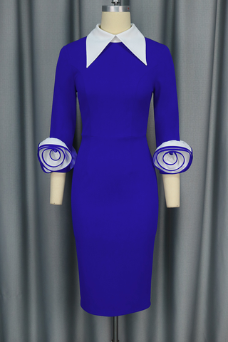 Blue Elegant Solid Color Flower Shape Turndown Collar Wrapped Skirt Dresses