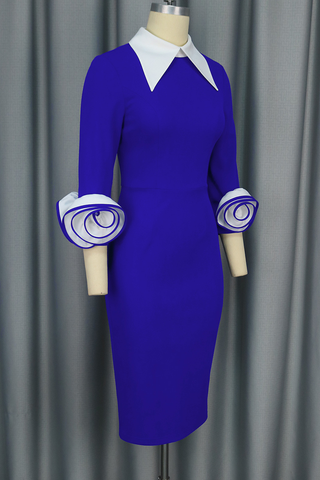 Blue Elegant Solid Color Flower Shape Turndown Collar Wrapped Skirt Dresses
