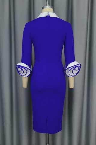 Blue Elegant Solid Color Flower Shape Turndown Collar Wrapped Skirt Dresses