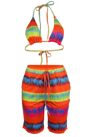 Orange Sexy Print Backless Strap Design Halter Sleeveless Two Pieces