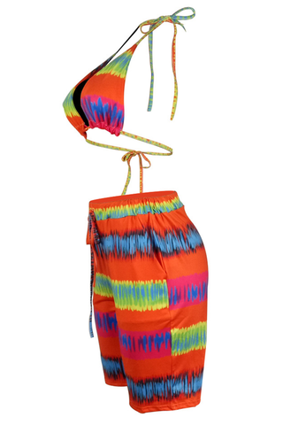 Orange Sexy Print Backless Strap Design Halter Sleeveless Two Pieces