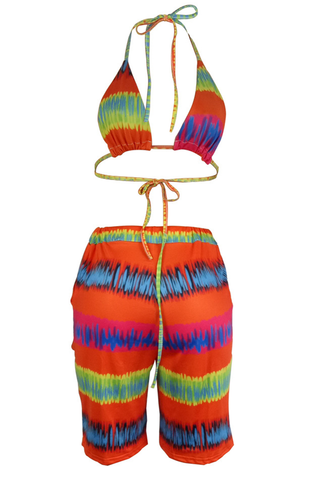 Orange Sexy Print Backless Strap Design Halter Sleeveless Two Pieces