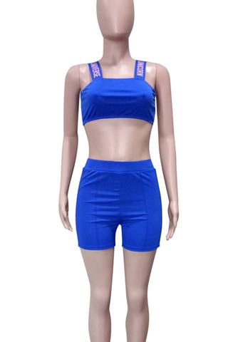Blue Sexy Letters Patchwork Spaghetti Strap Sleeveless Two Pieces