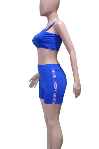 Blue Sexy Letters Patchwork Spaghetti Strap Sleeveless Two Pieces