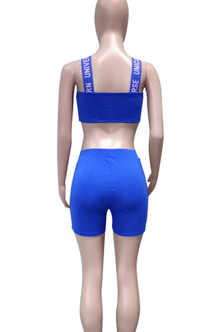 Blue Sexy Letters Patchwork Spaghetti Strap Sleeveless Two Pieces